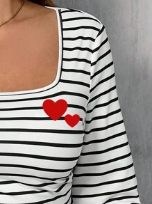 SHEIN LUNE Casual Minimalist All-Over Print Plus Size Square Neck T-Shirt Casual Outfits Women Women Long Sleeve Tops Spring Outfits For Women - Multicolor - View 4