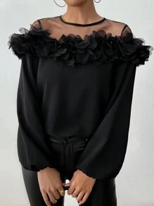 SHEIN Unity 女士休闲露肩简约刺绣花卉长袖衬衫 - 黑色 - 查看 6