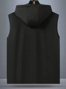 Manfinity Homme 男士休闲运动纯色前拉链无袖连帽户外风衣马甲外套，拉链口袋和侧袋简洁实用。拉链门襟设计方便穿脱，非常适合日常穿着、旅行、运动、旅游和户外。男士连帽拉链无袖连帽马甲，男士拉链连帽马甲，休闲，秋季 - 黑色 - 查看 2