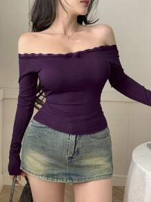 DAZY Spring New Off Shoulder Fitted Women T-Shirt For Casual Long Sleeve Women Tops,Fall Women Clothes - Purple - View 4