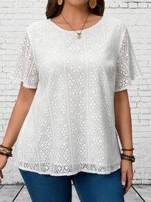 EMERY ROSE 加大码女式夏季圆领短袖白色蕾丝拼布上衣，度假女士，外出上衣，圣帕特里克节，女士夏季，度假女士，简约时尚，适合日常穿着