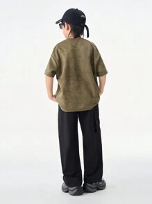 SHEIN 青少年春夏休闲直筒工装裤，带多个口袋、抽绳和可调节袖口 - 黑色 - 查看 2