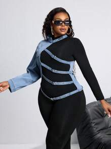 SHEIN CURVE+ Plus Size Women's Asymmetrical Button-Up Denim Jacket, Fashion Casual Outerwear - Blue - View 3