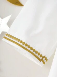 SHEIN 2 件装年轻男孩复古金色刺绣边立领长袍和裤子套装，适合斋月、庆典、户外活动 - 白色 - 查看 4