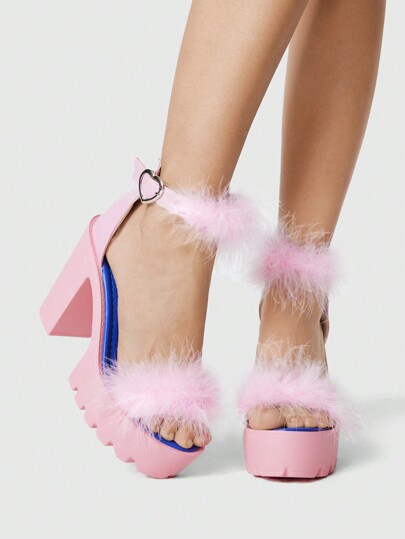 Kawaii Women's Chunky Heeled Open Toe Furry Sandals, Sexy Buckle Strap Platform Goth/Punk Style High Heel Shoes For Summer