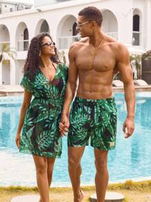 Manfinity VDAYZ Pantalones cortos de playa con cordones y bolsillos con estampado completo para hombres, shorts de baño informales y de vacaciones para parejas, novio, de estilo hawaiano