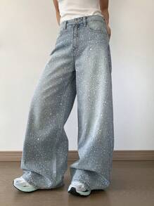 DAZY Women's Polka Dot Rhinestone Embellished Straight-Leg Jeans - Light Wash - View 3