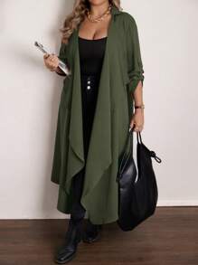 Flirla Plus Size Casual Waterfall Collar Long Coat , For Christmas Women Fall Clothes Winter Autumn - Army Green - View 3