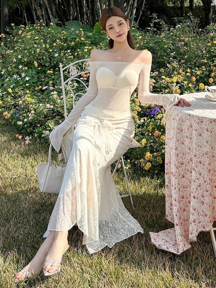 2pcs Set Women Lace Overlay Off-Shoulder Sheer Mesh Drawstring Tie-Up Blouse & Shorts Suit,Ruffle