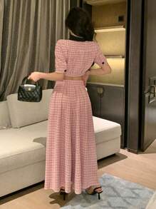 DAZY 2pcs Women Set Contrast Plaid Front Button Blouse And Long Pants Suit