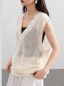Dazy-Less Women's Casual Loose V-Neck Pullover Knitted Sweater Vest Business Casual Women - Beige - View 3
