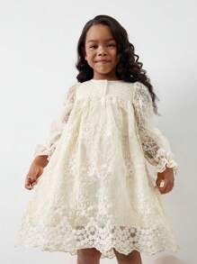 Maija Kids Maija Kids Young Girl's Elegant Holiday Style Crochet Lace Patchwork Embroidered Mesh Ruffle Hem Solid Apricot Lantern Sleeve Casual Dress, Spring/Summer - Apricot - View 4