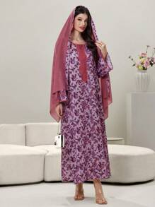 Al Najma Round Neck Floral Patchwork Solid Color Ruffled Hem Abaya Dress With Headscarf,Modest - Orange - View 7