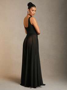 L'Amorae 夏季女装，优雅性感黑色网眼深 V 领全半透明长裙，配金色装饰肩带，女式连衣裙，派对女式连衣裙，夏季女式连衣裙，优雅女式连衣裙，女式连衣裙，舞会连衣裙，正式连衣裙，性感连衣裙，长裙。适合日常穿着、约会之夜、音乐会、表演、晚会 - 黑色 - 查看 3