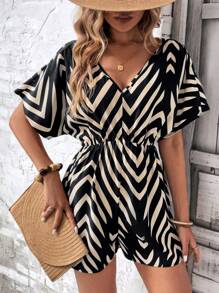SHEIN LUNE V-Neck Cinched Waist Zebra Striped Ripple Jumpsuit