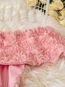 SHEIN LUNE Plus Size Women's Sexy Off Shoulder Rose 3D Flower Print Mini Dress, Pink, Sweet And Suitable For Dates, Casual Wear In Spring/Summer