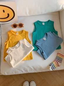 SHEIN 4pcs/Set Baby Boy & Girl Casual Crew Neck Short Sleeve Macaron Colored Knit Vest, Suitable For Spring/Summer Indoor And Outdoor Wear