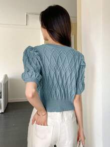 DAZY Women Casual Solid Color Puff Sleeve Button Front Knitted Top