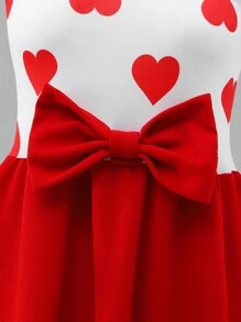 SHEIN 1pc Teen Girls' Off Shoulder Fitted Heart Print Red Bow Decor Dress. This Dress Is Suitable For Various Occasions Such As School Events, Family Gatherings, And Friend Get-Togethers. It Can Showcase The Youthful Vitality And Charm Of Teenagers. - Red - View 5