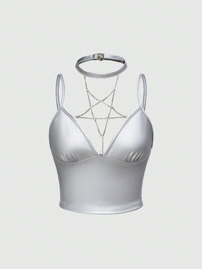 ROMWE Avant Women's Y2K Retro Futuristic Star Chain Strap Camisole Tank Top