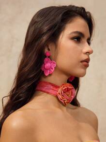 SHEIN VCAY Women's Casual Minimalist Fashion Flower Design Daily Wear Earrings For Valentine's Day,Mom,Mother,Mother's Day,Gift - Hot Pink - View 4