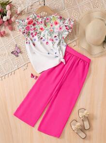 SHEIN 2 件套 Tween 女童碎花编织圆领上衣和合身编织裤套装