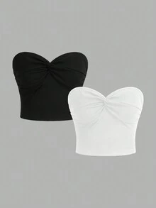 SHEIN MOD Women's 2 Packs Twist Front Ribbed Knit Strapless Tube Top Set, Black And White, Off The Shoulder Top Suitable For Going Out - Multicolor - View 1