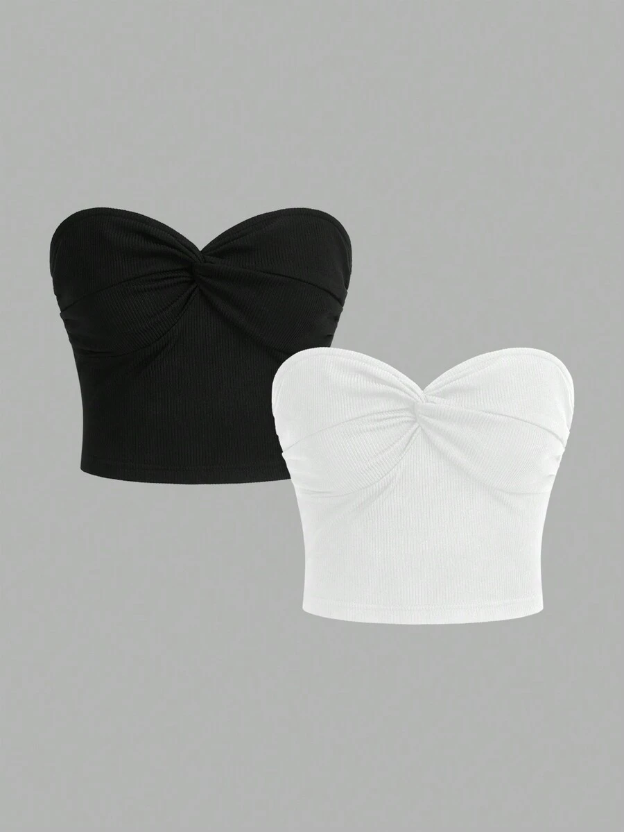 SHEIN MOD Women's 2 Packs Twist Front Ribbed Knit Strapless Tube Top Set, Black And White, Off The Shoulder Top Suitable For Going Out - Multicolor - View 1