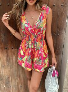 Breezaya Plants Tropical Random Print Romper For Summer Vacation - Hot Pink - View 6