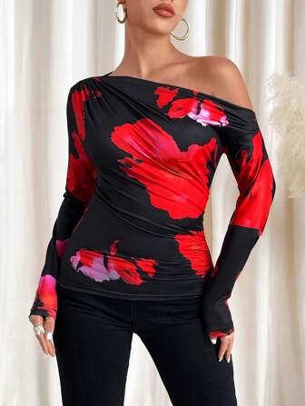 SHEIN Clasi Women's Red Romantic Print Asymmetrical Shoulder Long Sleeve T-Shirt Valentines Clothes Spring Clothes For Women
