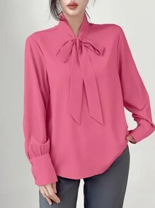 SHEIN LUNE Blusa elegante de manga larga con cuello de corbata de unicolor para mujer - Rosa Fucsia - Ver 7
