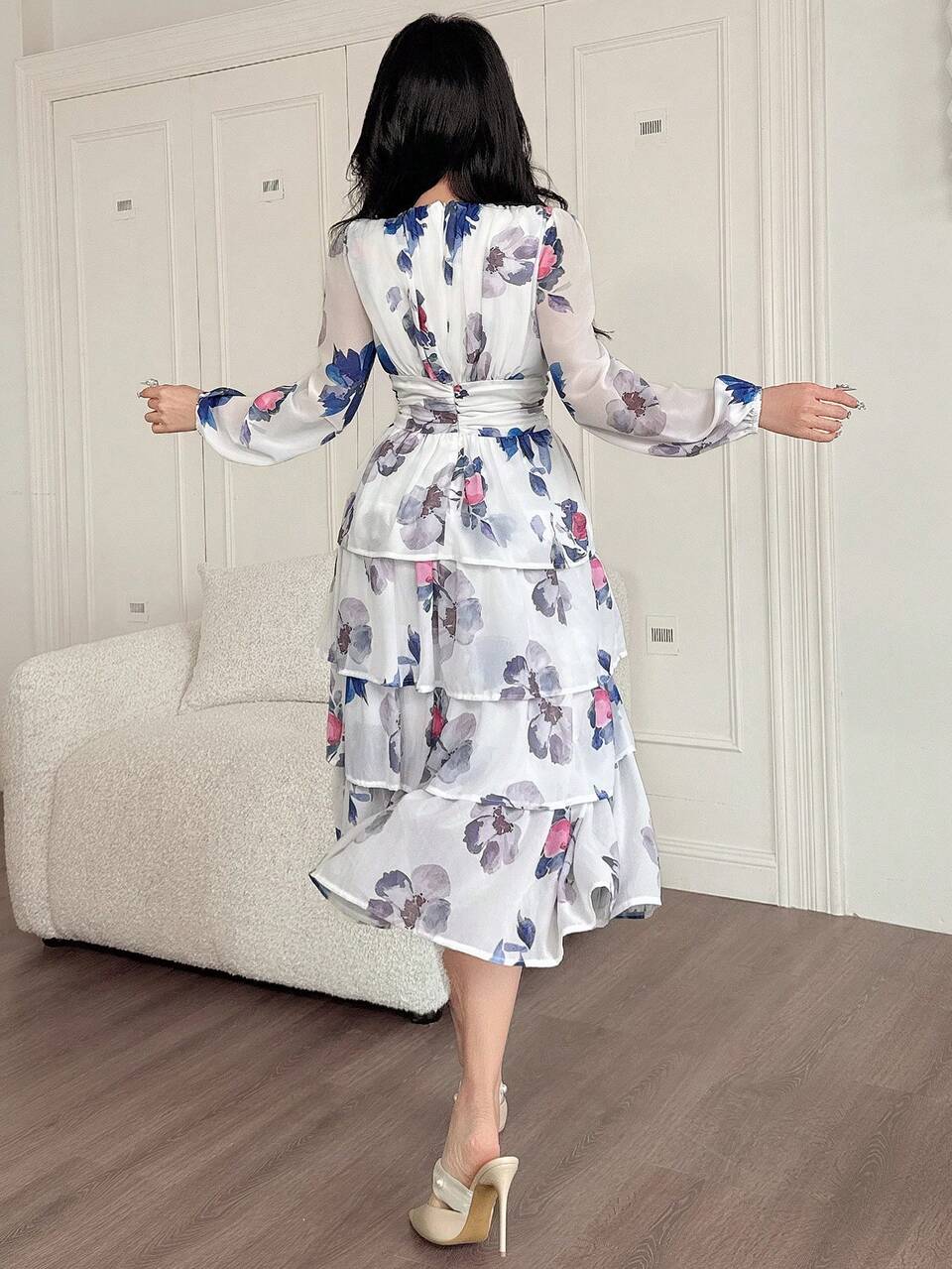 Elegant White Floral All-Over Ditsy Floral Round Neck Puff Long Sleeve Mid-Length Maxi Dress For Women,Summer Tea Party Vacation Outfits Easter Boho