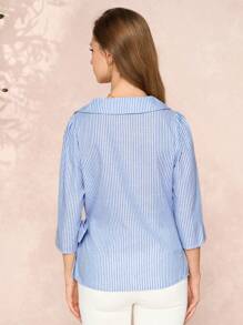 SHEIN Clasi Blue & White Striped V-Neck Tie-Up Waist Fitted Midi Sleeve Women Blouse Summer Outfits For Women Teacher Outfits For Women Teacher Shirts Blouses For Women Elegant - Blue and White - View 2