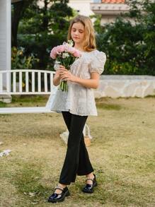 SHEIN 2pcs/Set Tween Girl Ruffled Sleeve Button-Up Shirt & Flare Pants, Elegant Girl Outfits, Wedding Ceremony & Elegant Cute Style, Floral/Partial Decoration, Without Traditional Patterns