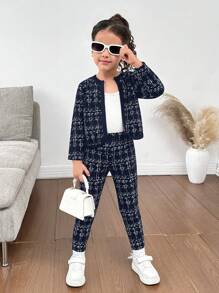 SHEIN Bộ 2 món Nova Glow Áo khoác kẻ caro đan cho bé gái và quần legging đan cùng màu - Màu xanh lam - Xem 6