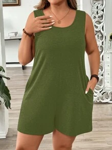 EMERY ROSE Macacão Plus Size sem mangas casual cor sólida - Verde de Exercício - Ver 3