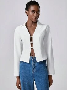 Chiquease Blusa de mujer de moda y versátil con escote en V profundo - Blanco - Ver 4