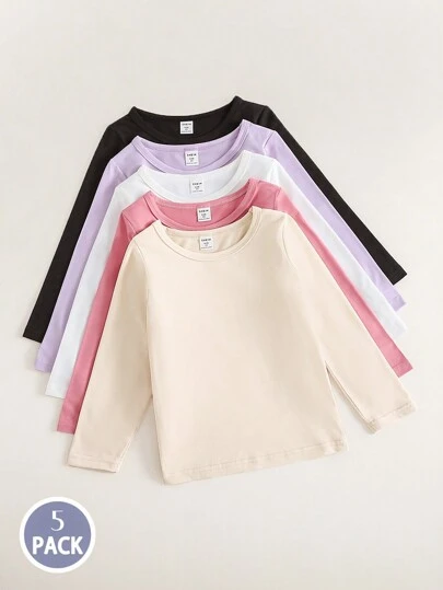 SHEIN Playful Pals 5pcs/Pack Young Girls Casual Cute Versatile Round Neck Long Sleeve T-Shirts, Suitable For Spring, Autumn, Everyday Wear, Outings, School, Home And Holiday Occasions, Comfortable And Adorable