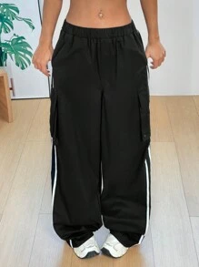SHEIN EZwear 女式纯色拼布口袋松紧腰休闲工装裤 - 黑色 - 查看 2