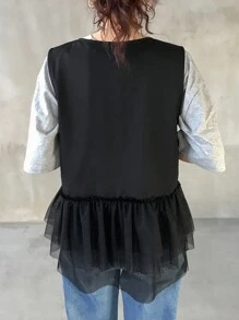 FRIFUL Women's Black Sleeveless Top With Mesh Patchwork And Tie Design, Summer Shirt