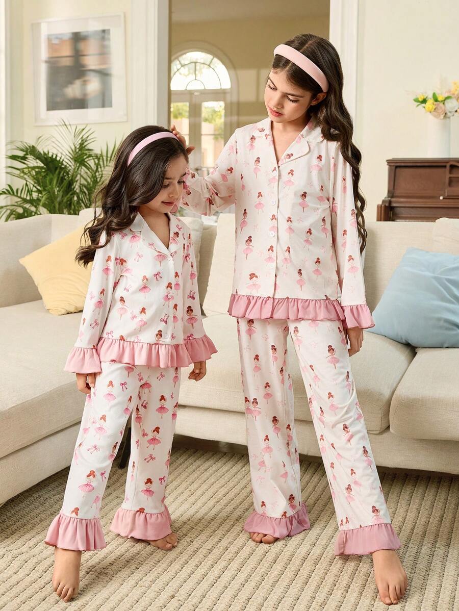 SHEIN Tween Girls Cute Cartoon Pattern Collar Button Front Long Sleeve Top And Ruffle Trim Soft Comfortable Pants 2 Pieces Pajama Set, Sibling Matching Outfits (2 Sets Sold Separately) - Pink - View 1