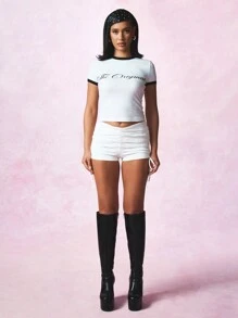 SUMWON WOMEN La camiseta corta original estilo retro para bebé, top corto con cuello de campana, moda Y2K, camiseta ajustada de manga corta casual de estilo vintage para el verano, básica de uso diario