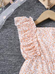 SHEIN Young Girl Elegant Ditsy Floral Ruffle Trim Square Collar Romper - Orange - View 6