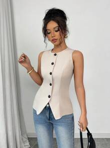 Selianne Old Money Style Solid Color Sleeveless Vest - Classic Front Opening Design, Simple And Versatile Commuting Casual Outerwear - Apricot - View 3