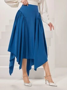Modelyn Asymmetrical Hem Solid Color Women Casual Daily Wear A-Line Blue Skirt, Minimalist Fashion