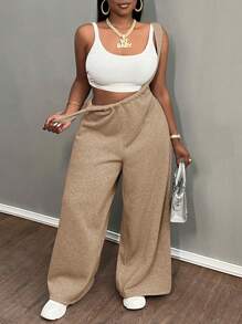 Slaydiva Plus Size Khaki Solid Color Elastic Waist Wide Leg Casual Palazzo Pants,Flowy Pants