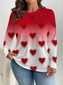 SHEIN LUNE Camiseta de manga larga con cuello redondo para mujer con estampado gráfico de corazón degradado para Día de San Valentín de talla grande