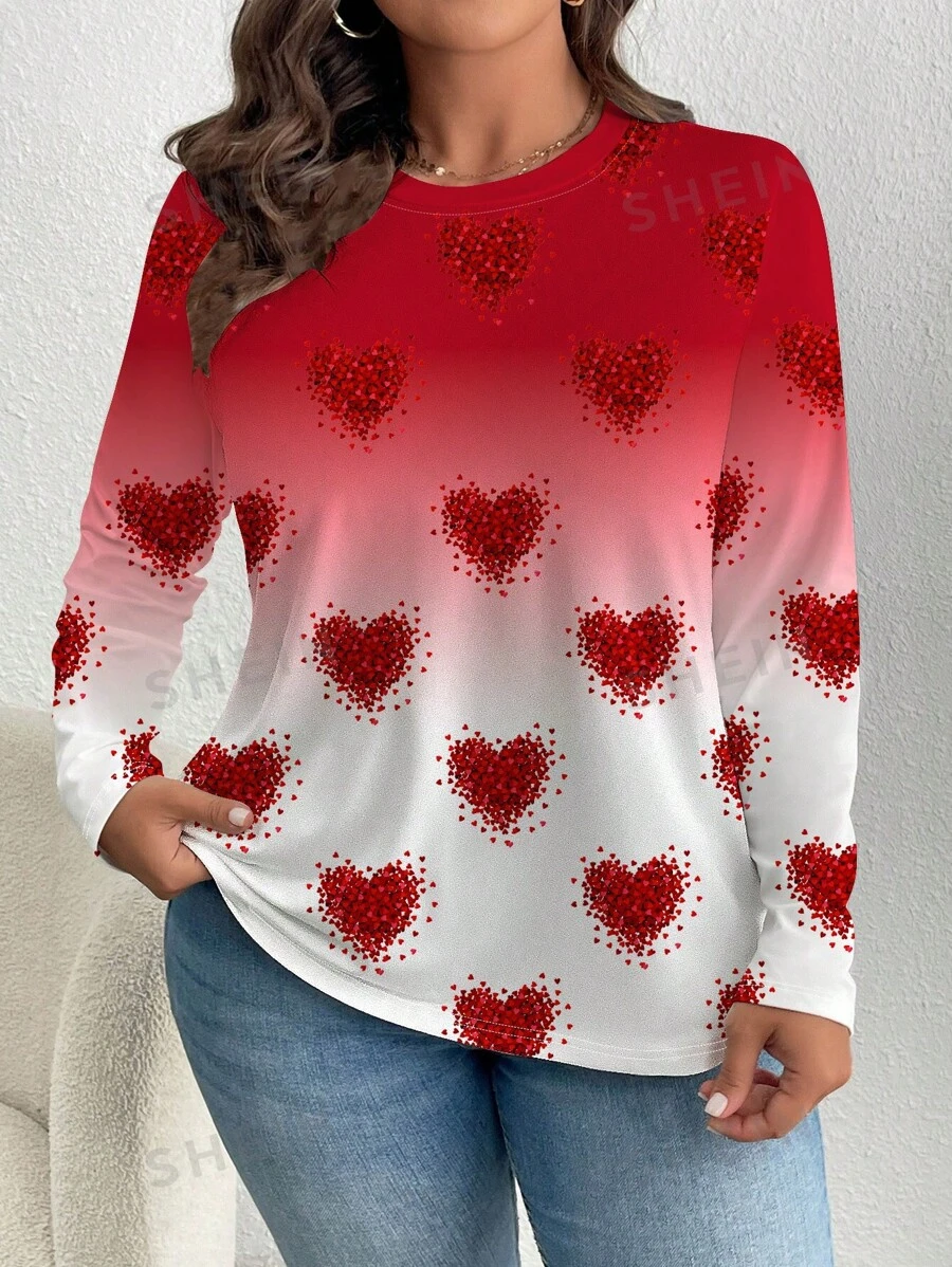 SHEIN LUNE Camiseta de manga larga con cuello redondo para mujer con estampado gráfico de corazón degradado para Día de San Valentín de talla grande