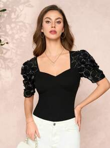 SHEIN Clasi 女士亮片花卉印花泡泡袖短款上衣 - 黑色 - 查看 4