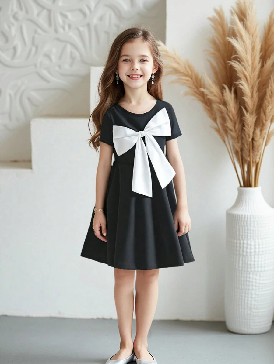 SHEIN 女孩优雅圆领短袖拼色 3D 蝴蝶结装饰高腰 A 字裙，夏季 - 黑色 - 查看 1